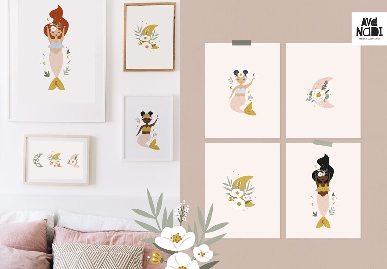 May include: A set of framed art prints showcasing mermaid illustrations. The mermaids have pink tails and are decorated with floral and celestial designs. The colour scheme includes soft pinks, golds, and creams.