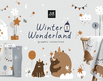 Winter wonderland clipart and patterns, Woodland animal clipart, Winter seamless pattern, Commercial use
