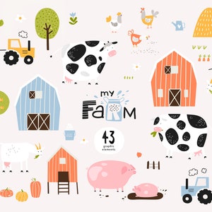 Juego de imágenes prediseñadas de granja, Clipart de animales de granja, Granja linda, Vaca, Cerdo, Cabra, Сhicken, Clipart de animales, Descarga digital