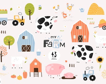 Farm clipart set, Farm animals clipart, Cute Farm, Cow, Pig, Goat, Сhicken, Animals Clipart, Digital download