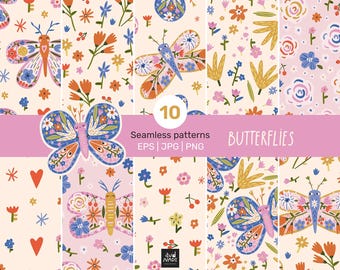 Butterfly Seamless Patterns, Floral Digital Paper, Surface Pattern Bundle, Fabric Design, JPG PNG EPS