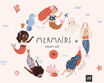 Mermaid Clipart Set, Cute Mermaid Illustrations, Sea Animals PNG, Seashells, Corals, Digital Clip Art, Kids Print, Instant Download
