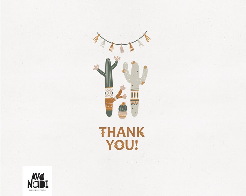 Op de afbeelding: Een illustratie met twee gestileerde cactussen met patronen, een kleine cactus in een pot en een slinger van kwasten. De tekst "THANK YOU!" is in bruin geschreven op een cr&egrave;mekleurige achtergrond, wat een warme sfeer cre&euml;ert.