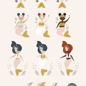May include: Digital illustration of nine mermaids with diverse skin tones and hair colours, wearing floral crowns and seashell tops. Additional elements include floral arrangements, moons, and the text "38 ELEMENTS".