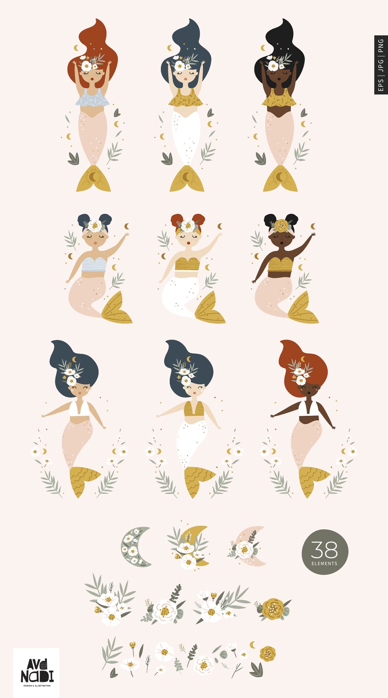 May include: Digital illustration of nine mermaids with diverse skin tones and hair colours, wearing floral crowns and seashell tops. Additional elements include floral arrangements, moons, and the text "38 ELEMENTS".