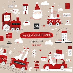 May include: A whimsical Christmas clipart set featuring Santa Claus faces, geese in Santa hats, red trains, cars, houses, and gift boxes. The words "Merry Christmas" and "clipart set" are also included in the design. The background is a light beige color.