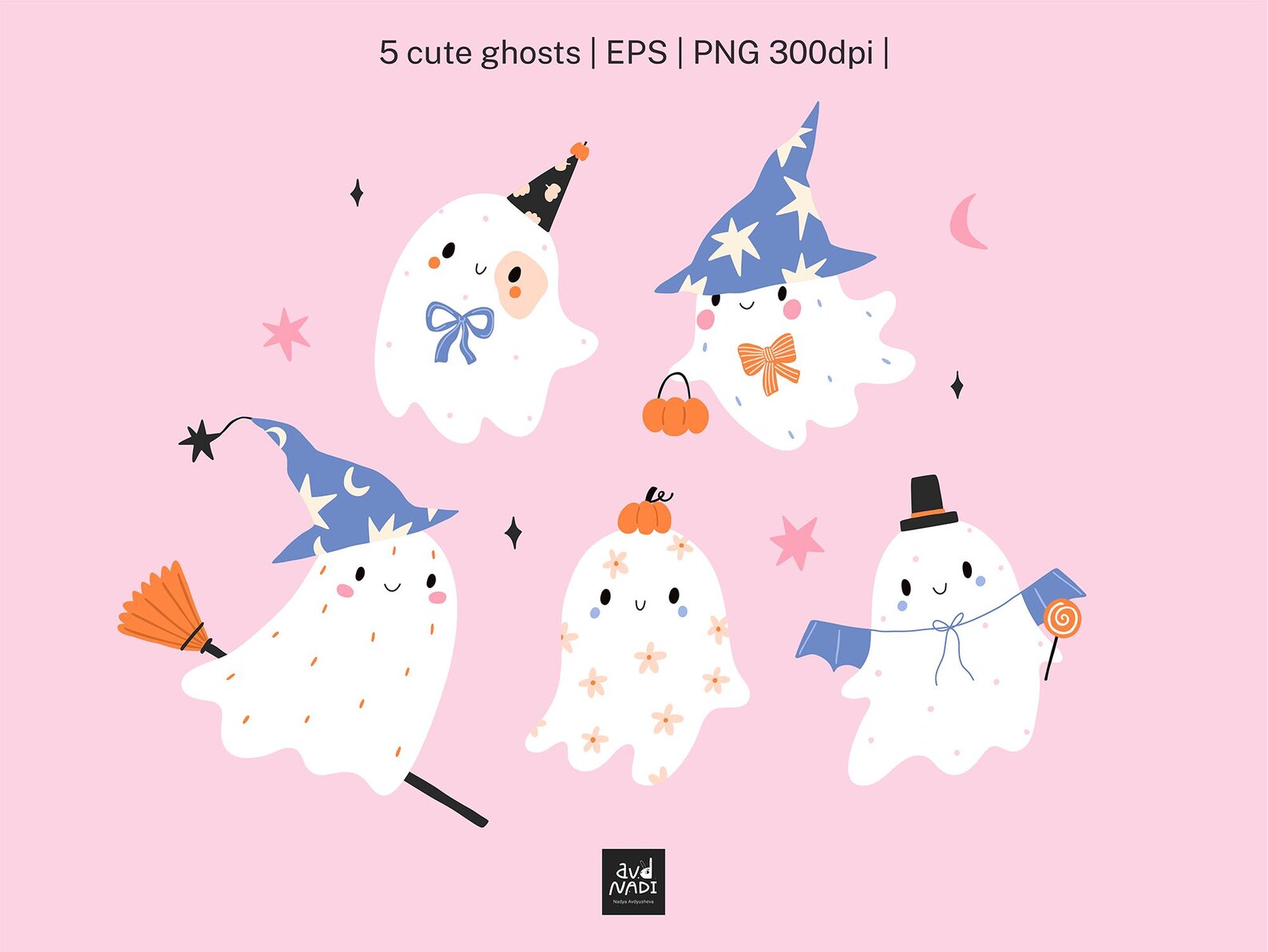 Pastel Halloween Ghost Clipart - Cute Spooky PNG EPS - Ghosts, Pumpkins ...