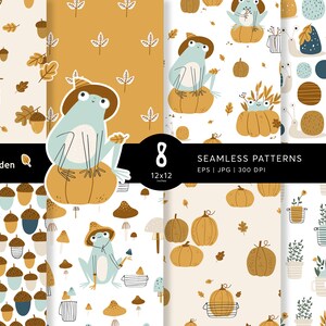 Può includere: Otto motivi senza cuciture a tema autunnale. I disegni includono ghiande, foglie, zucche e rane. I motivi sono in tonalità beige, marrone e blu. È incluso anche il testo "Autumn Garden" e "Seamless Patterns".