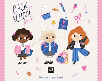 Back to School Girls Clipart | Cute Schoolgirl PNG & Vector Set | Student Characters for Stickers, Scrapbook