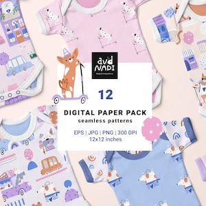 Dogs digital paper pack, Dog city seamless pattern, Kids digital paper, Commercial use, Dog lover print