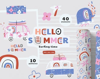 Puede incluir: Conjunto de arte digital con temática de verano. La imagen presenta ilustraciones de un elefante azul, una furgoneta rosa y azul con tablas de surf y rollos de papel estampado. El texto dice "HELLO SUMMER" y "Surfing time".