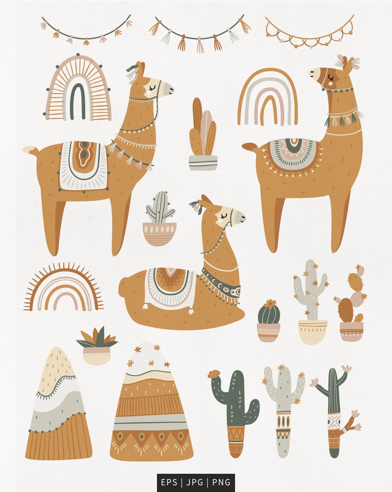 Op de afbeelding: Digitale illustratie met lama's, cactussen, regenbogen en decoratieve banners in aardetinten. De lama's zijn afgebeeld in verschillende poses, met decoratieve zadels en kettingen. De stijl doet denken aan een kinderboekillustratie.