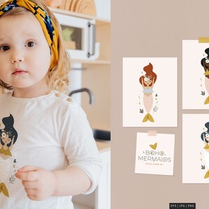 May include: A child in a white top with a mermaid design, alongside a set of boho-themed mermaid art prints. The prints depict mermaids with floral and crescent moon details, offering a whimsical aesthetic.