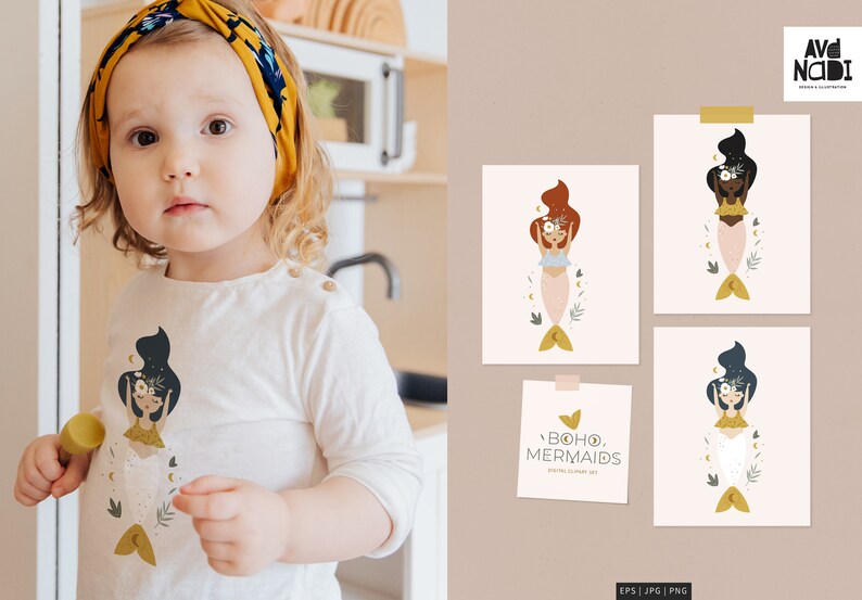 May include: A child in a white top with a mermaid design, alongside a set of boho-themed mermaid art prints. The prints depict mermaids with floral and crescent moon details, offering a whimsical aesthetic.