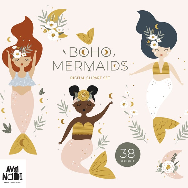 Boho mermaid clipart, Boho baby clipart, Nursery clipart, Dark skin mermaid clipart, Mermaid print