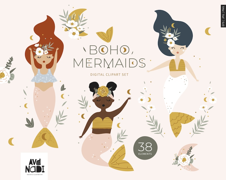 May include: Digital clipart set featuring three whimsical mermaids with floral accents, crescent moons, and a soft colour palette. The text "BOHO, MERMAIDS" is displayed above the illustrations, with "DIGITAL CLIPART SET" below. The set includes 38 elements.