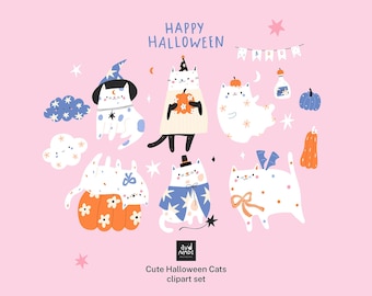 Halloween Cats Clipart, Cute Pastel Cat PNG, Witch Cat, Ghost Cat, Pumpkin Cat, Spooky Cute Halloween Graphics