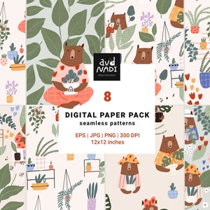 Carta digitale per orsi e piante, modello senza cuciture per piante domestiche, mamma pianta, carta per amanti delle piante, uso commerciale