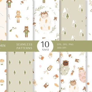 Newborn baby digital paper pack, Baby boy seamless pattern, Woodland nursery, Baby shower paper, Commercial use