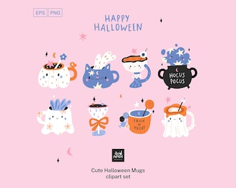 Cute Halloween Mug Clipart Set | Pastel Halloween PNG | Ghost, Pumpkin, Witch Cup, Cat Mug | Kawaii Spooky Digital Download