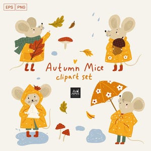 May include: A charming clipart set showcasing four mice in autumnal outfits. The mice wear yellow raincoats and hold items such as leaves, an acorn, and an umbrella. The text "Autumn Mice clipart set" is displayed in the image.