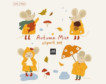 Autumn Mice Clipart | Cute Fall Animals in Raincoat | Woodland Mouse Illustrations | PNG EPS Digital Download