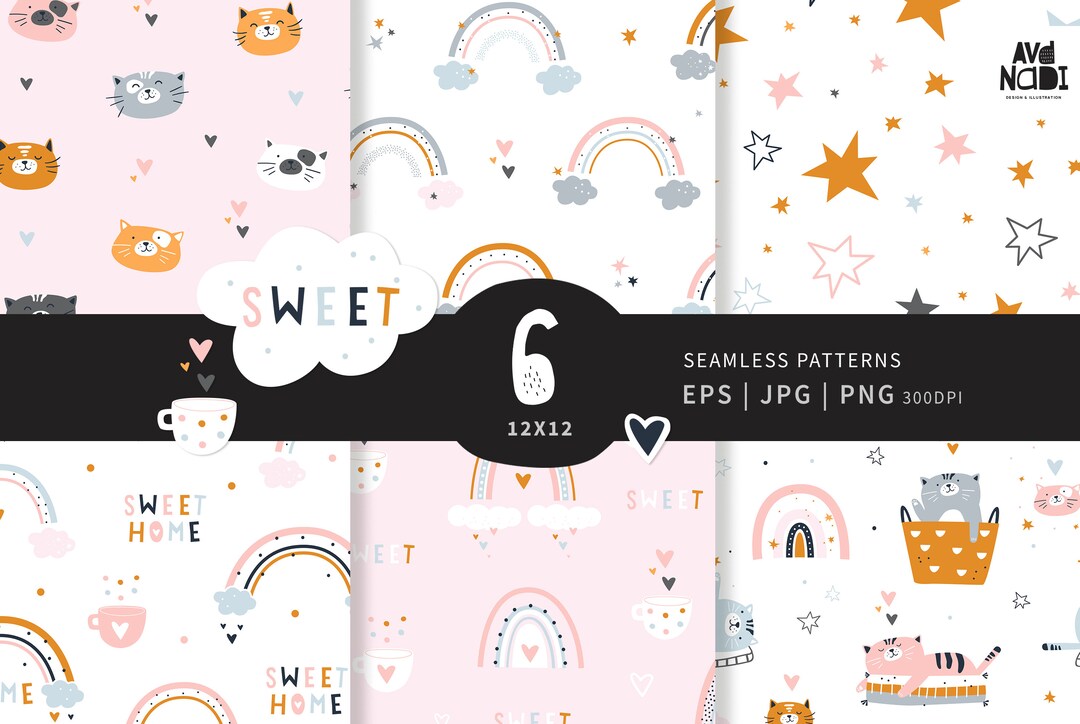 Pastel Rainbow Digital Paper, Cat Seamless Pattern, Baby Girl Seamless ...