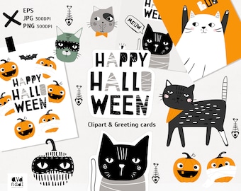 Halloween Clipart Set – Cute Black Cats, Pumpkins, Ghosts (EPS, JPG, PNG)