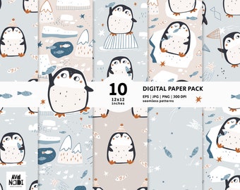 Cute Penguin Digital Paper Pack, Arctic Winter Seamless Pattern (Digital Download)