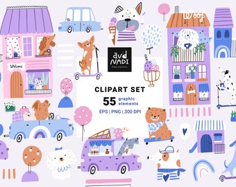 Dog clipart set, Dog png, Animal vector clipart, Dog house clipart, Pet clipart, Commercial use