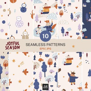 Peut inclure: Une collection de 10 motifs sans couture intitulée Joyful Season, présentant des illustrations hivernales de bonhommes de neige, d'animaux, d'arbres, de maisons et d'étoiles dans des tons bleu, orange et crème, aux formats EPS et JPG.