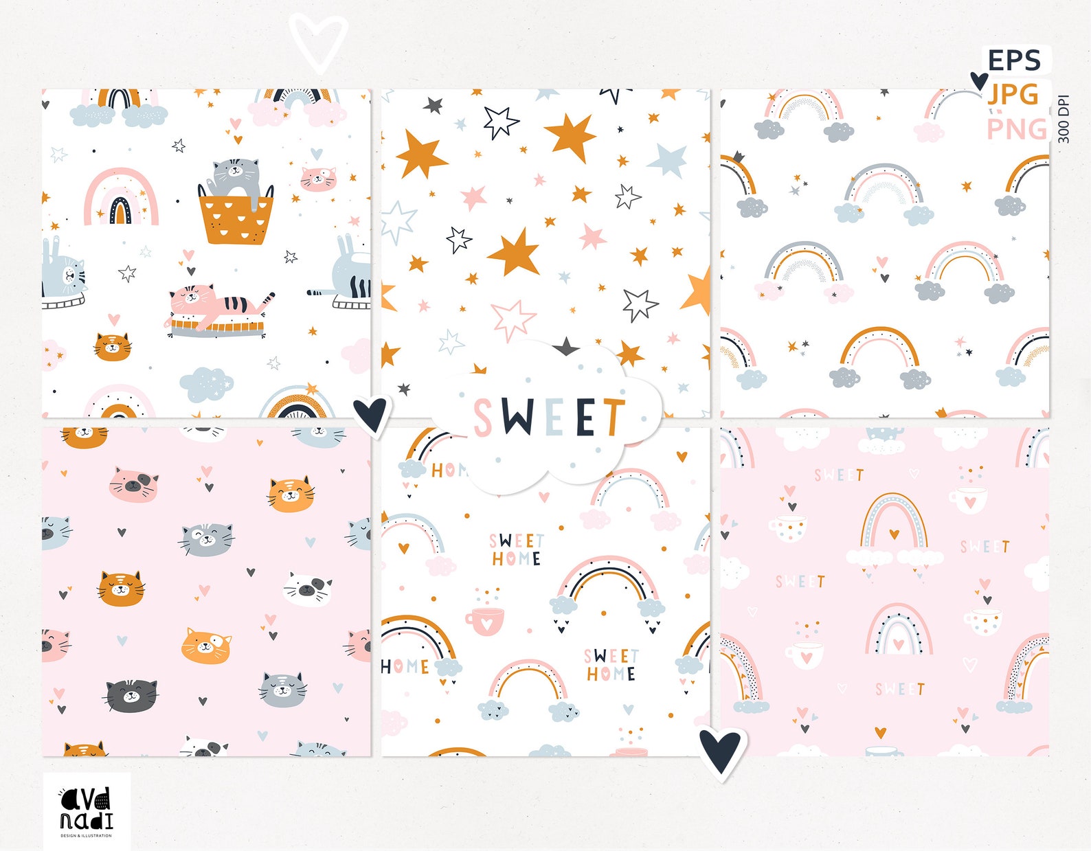Pastel Rainbow Digital Paper, Cat Seamless Pattern, Baby Girl Seamless ...