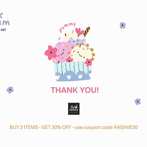 May include: A whimsical ice cream clipart set featuring three scoops of ice cream with smiling faces and flower accents, in a blue and white container. The text "yummy" and "THANK YOU!" are also included.
