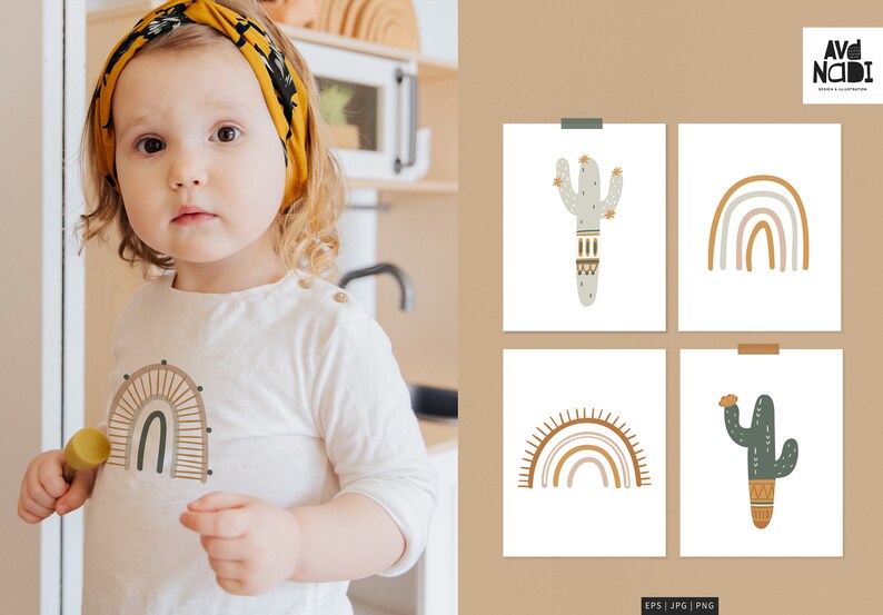 Op de afbeelding: Een jong kind draagt een wit shirt met lange mouwen met een regenboogpatroon en een gele hoofdband. Vier kunstprints met cactus- en regenboogillustraties worden op een neutrale achtergrond weergegeven. De prints zijn met tape bevestigd.