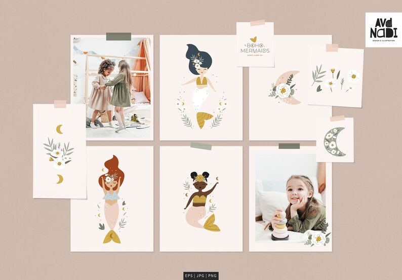 May include: A selection of art prints with illustrations of mermaids, floral designs, and crescent moons. The prints are in soft pastel colours, with the text "Boho Mermaids" on one of the prints. The images are taped to a neutral background.