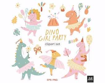 Dino Girl Party Clipart Set, Ballerina Dinosaur Birthday Graphics, Kids Party PNG EPS