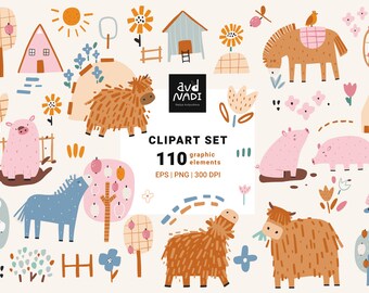 Farm Animal Clipart Set, Cute Nursery PNG Graphics, Highland Cow, Pig, Horse & More, Baby Shower Design