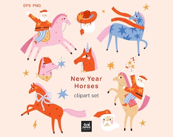New Year Horses Clipart Set | Christmas Horse Illustrations | Santa Riding Horse PNG | Year of the Horse Graphics | Holiday Cowboy Theme