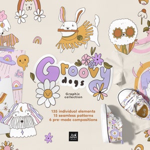 Pacchetto di clipart Groovy retro dogs e modelli senza soluzione di continuità, Dog png, Retro png, Groovy flowers, Uso commerciale