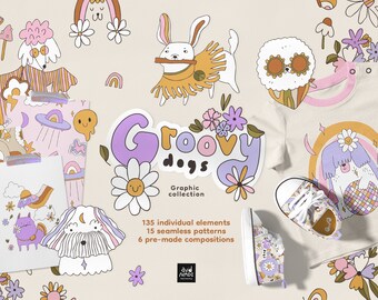 May include: A collection of groovy dog-themed graphics. The image features illustrations of dogs, rainbows, flowers, and mushrooms in a retro style. Includes a t-shirt, sneakers, and patterned papers. The text reads "Groovy Dogs" and "Graphic collection".