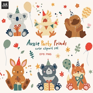 Puede incluir: Conjunto de imágenes prediseñadas de "Aussie Party Friends" con seis animales de dibujos animados, incluyendo un koala, una cacatúa y un canguro, cada uno con un gorro de fiesta y sosteniendo un regalo o un globo. Se muestra el texto "Aussie Party Friends".