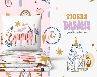 Tigers sweet dreams cliparts & patterns, Tiger digital paper, Boho prints, Trending now digital paper