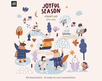 Winter Clipart Set, Hand Drawn Animals & Snowy Illustrations