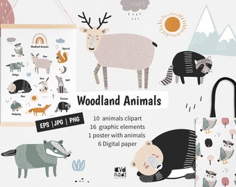 Woodland Animals Clipart Set: Nursery Art, Forest Digital Paper (Commercial Use)