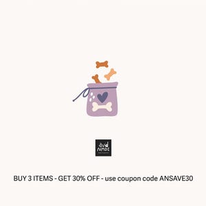 May include: A whimsical illustration of a lavender pet treat bag with a bone and heart design, with three bone-shaped treats floating above. The bag is tied with a string. The image includes the text "ave NADI".