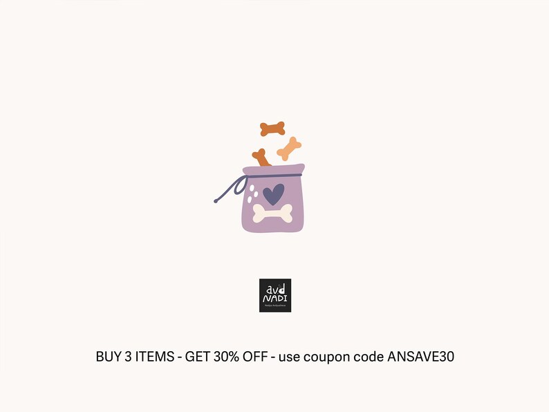 May include: A whimsical illustration of a lavender pet treat bag with a bone and heart design, with three bone-shaped treats floating above. The bag is tied with a string. The image includes the text "ave NADI".