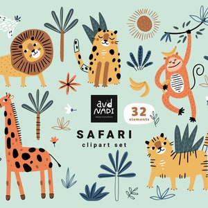 Zestaw clipartów ze zwierzętami safari, słodkie cliparty ze zwierzętami dżungli, lew, żyrafa, lampart, do użytku komercyjnego