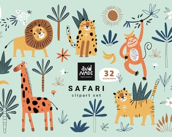 Safari animals clipart set, Jungle animals cute clipart, lion, giraffe, leopard clipart, commercial use