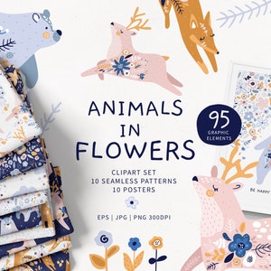 Woodland animal clipart, Flowers seamless pattern, Flowers clipart set, Animal print, Printable nursery posters