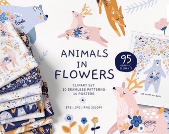 Woodland dieren clipartset, bloemen kinderkamer prints (digitale download)